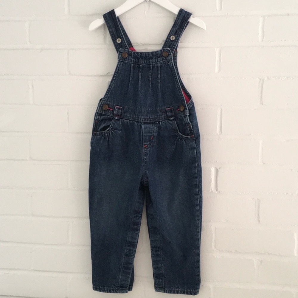 Girls Size 18 Months Osh Kosh Classic Denim Overalls Bright Pink Warm Lining